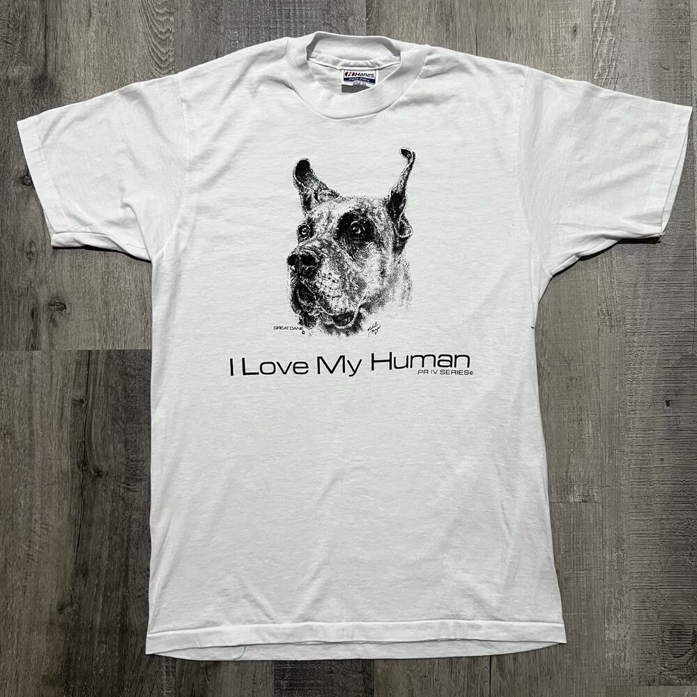 VTG I Love My Human 80s Great Dane T Shirt White 1989 Art Dog Lover USA Sz M